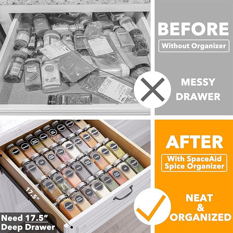SpaceAid Spice Drawer Organizer with 32 Spice Jars, 386 Spice Labels, 4 Tier Seasoning Rack Tray Insert for Kitchen Drawers, 15" Wide x 17.5" Deep