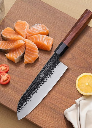 FINDKING Dynasty Series Japanese Santoku Knife, Professional Kitchen Knife, 9Cr18MoV High Carbon Steel Blade, African Rosewood Octagonal Handle, for Meat, Fruits, Vegetables, 7 Inches