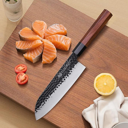 FINDKING Dynasty Series Japanese Santoku Knife, Professional Kitchen Knife, 9Cr18MoV High Carbon Steel Blade, African Rosewood Octagonal Handle, for Meat, Fruits, Vegetables, 7 Inches