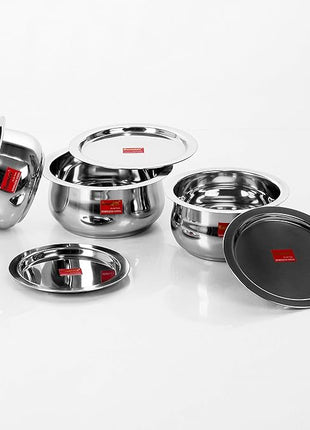 Sumeet 3 Pcs Stainless Steel Induction & Gas Stove Friendly Belly Shape Container Set/Tope/Cookware Set With Lids Size No.12 to No.14