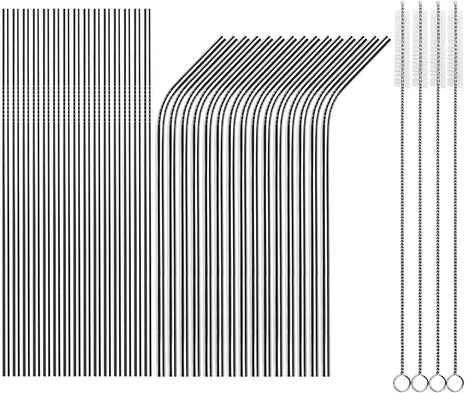 Tomorotec Reusable Straws 30 Pack, Stainless Steel Drinking Straws, Metal Straw Bulks for Smoothies Tumblers Cocktail MilkShake,Set of 15 Straight and 15 Bent with 2 Cleaning Brushes, Silver