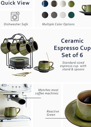 YHOSSEUN Ceramic Espresso Cups Set of 6, 4 Oz Expresso Shots Cup with Stand, Saucers & Spoons, Small Coffee Cup for Double Espresso, Mocha and Tea, Green