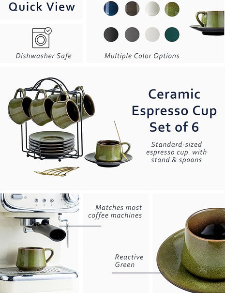 YHOSSEUN Ceramic Espresso Cups Set of 6, 4 Oz Expresso Shots Cup with Stand, Saucers & Spoons, Small Coffee Cup for Double Espresso, Mocha and Tea, Green