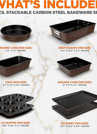 NutriChef 8-Piece Nonstick Stackable Bakeware Set - PFOA, PFOS, PTFE Free Baking Tray Set w/Non-Stick Coating, 450°F Oven Safe, Round Cake, Loaf, Muffin, Wide/Square Pans, Cookie Sheet (Brown)