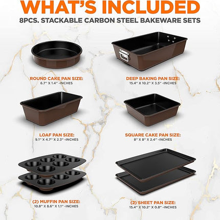 NutriChef 8-Piece Nonstick Stackable Bakeware Set - PFOA, PFOS, PTFE Free Baking Tray Set w/Non-Stick Coating, 450°F Oven Safe, Round Cake, Loaf, Muffin, Wide/Square Pans, Cookie Sheet (Brown)