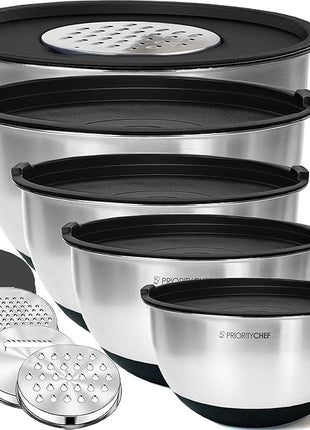 Priority Chef Stainless Steel Mixing Bowls with Lids Set, 3 Grater Attachments, Airtight Lids, Non-Slip Silicone Base Mixing Bowl Set, Large Prep Metal Mixing Bowls for Kitchen, Black