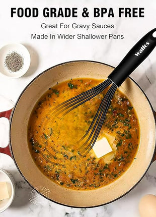 Walfos Silicone Flat Whisk,11inch Flat Whisk Non Scratch Coated Flat Whisks for Cooking.Great for Ceramic Coated pans and Wider shallower pots.Black