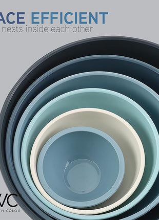 COOK WITH COLOR Mixing Bowls with Lids - 12 Piece Plastic Nesting Bowls Set includes 6 Prep Bowls and 6 Lids, Non Slip Bottom and Embossed Design - Microwave Safe (Blue)