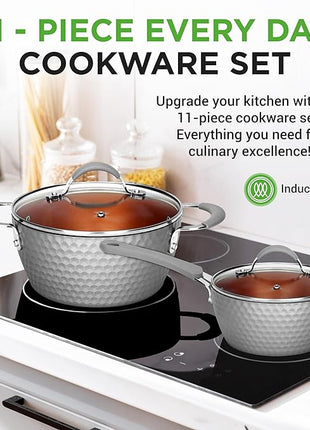 NutriChef 11 Pc Nonstick Cookware - PTFE/PFOA/PFOS Free Kitchenware Pots & Pans Set with Saucepan, Frying Pans, Cooking Pots, Lids, Utensils, Gray