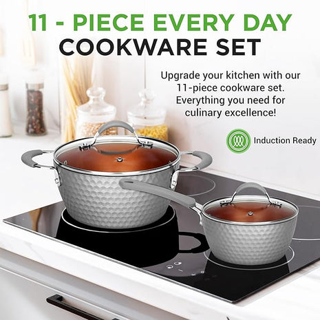 NutriChef 11 Pc Nonstick Cookware - PTFE/PFOA/PFOS Free Kitchenware Pots & Pans Set with Saucepan, Frying Pans, Cooking Pots, Lids, Utensils, Gray