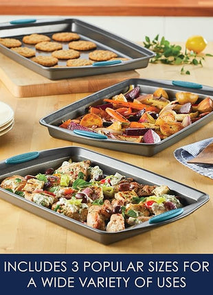 Rachael Ray Bakeware Nonstick Cookie Pan Set, 3-Piece, Gray with Agave Blue Grips