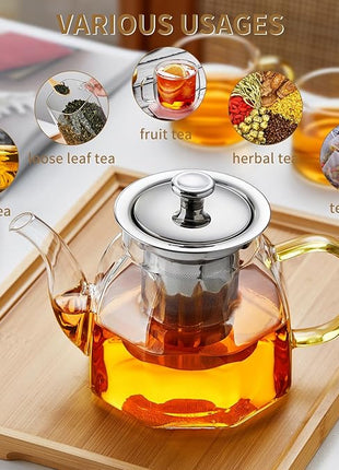 Glass Tea Pot with Stainless Steel Infuser and Lid (Octagonal), Clear Glass Teapot, Borosilicate Hydrochloric Glass Heat Resistant, Fine Glass Filter for Flower Tea, Tea Bags (27 oz / 800 ml)
