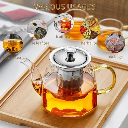 Glass Tea Pot with Stainless Steel Infuser and Lid (Octagonal), Clear Glass Teapot, Borosilicate Hydrochloric Glass Heat Resistant, Fine Glass Filter for Flower Tea, Tea Bags (27 oz / 800 ml)