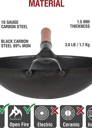 YOSUKATA 14" Carbon Steel Wok with Round Bottom – Pre-Seasoned Pow Wok for Stir Fry – Traditional Chinese Japanese Black Steel Pan – Outdoor Cookware for Gas Stovetops, Open Fire, BBQ, Camping