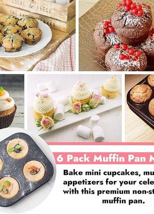 6 Pack Air Fryer Muffin Pan, 4 Cup Non-Stick Small Oven Cupcake Baking Pan, Carbon Steel Round Muffin Tin Bakeware Cake Mould for Egg Muffin, Quiches, Frittatas