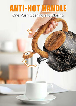 3.2Qt Whistling Tea Kettle for Stove Top, Food Grade Stainless Steel Wood Handle Teapot, Durable for Brewing Coffee, Tea, Milk, Suitable for All Heat Sources (Golden line)