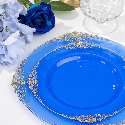 Nervure 350PCS Blue Plastic Plates - Blue Plastic Dinnerware Sets for 50 Guests - 100 Disposable Plates, 150 Gold Silverware, 50 Cups, 50 Napkins for Wedding & Party & Thanksgiving Day