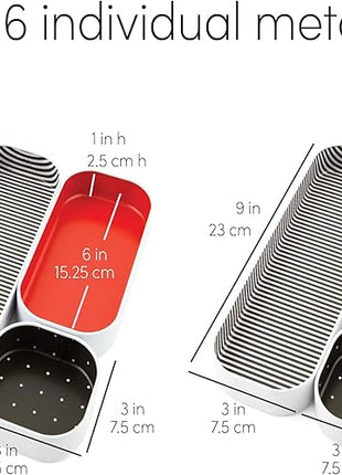 Three by Three Seattle 6 Piece Shallow Metal Organizer Tray Set for Storing Makeup, Stationery, Utensils, and More in Office Desk, Kitchen and Bathroom Drawers (1 Inch, Red Dots and Stripes)