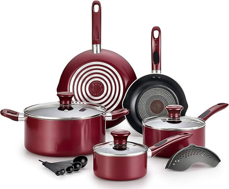 T-fal B039SE64 B039SE Excite ProGlide Nonstick Thermo-Spot Heat Indicator Dishwasher Oven Safe Cookware Set, 14-Piece, Red, 2.3 Rio