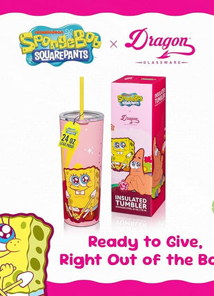 Dragon Glassware x SpongeBob SquarePants 24 oz Vacuum Insulated Tumbler with Lid and Straw - Tumbler Cup with 2 Straws - Stainless Steel Tumbler with Straw for Water, Iced Tea - SpongeBob - Pink