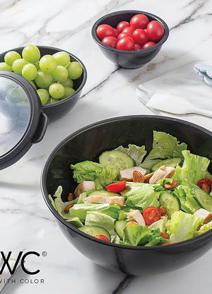 COOK WITH COLOR Mixing Bowls with TPR Lids - 12 Piece Plastic Nesting Bowls Set includes 6 Prep Bowls and 6 Lids, Microwave Safe (Speckled Black)