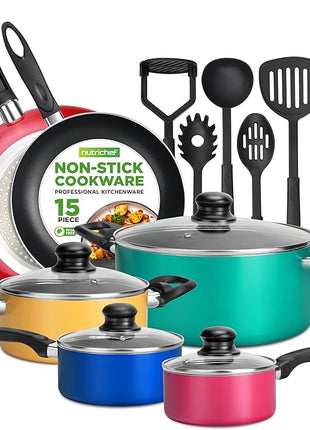 NutriChef 15-Piece Non Stick Kitchen Cookware Set PFOA/PFOS-Free, Colorful Heat Resistant Lacquer w/Saucepot, Frying Pans, Oven Pot, Lids, 5 Utensil - NCCWCOR15