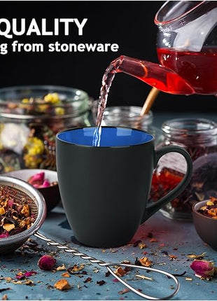 MIAMIO - Set of 6 Stoneware Coffee Mugs 12 Ounce/Cup Set - Le Papillon Collection (Black-Blue)