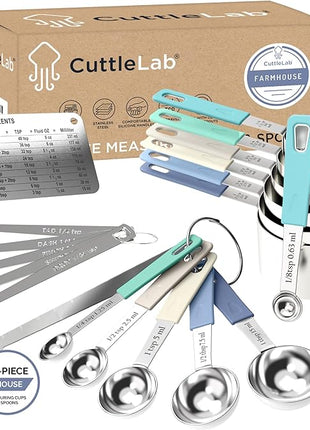 22-Piece Stainless Steel Measuring Cups and Spoons Set, Tad Dash Pinch Smidgen Drop Mini Measuring Spoons, Measuring Stick Leveler, Measurement Conversion Chart Fridge Magnet, (Farmhouse)