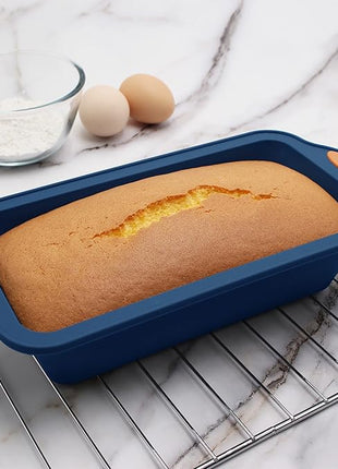 To encounter 8 in 1 Silicone Baking Set - 6 Cake Molds - 2 Silicone Baking Mat, Nonstick Cookie Sheet, Cake Muffin Bread Pan with Grips and Metal Reinforced Frame More Strength, Navy Blue