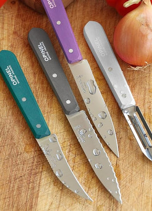 Opinel Les Essentials Small Kitchen 4 Piece Knife Set - Paring Knife, Serrated Knife, Peeler, Vegetable Knife, Corrosion Resistant High Carbon Steel, Made in France (Art Deco)