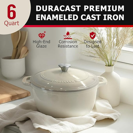 Mueller 6qt Enameled Cast Iron Dutch Oven, Heavy-Duty Casserole and Braiser Pan with Lid and Knob, Oven-Safe up to 500° F & Across All Cooktops, White