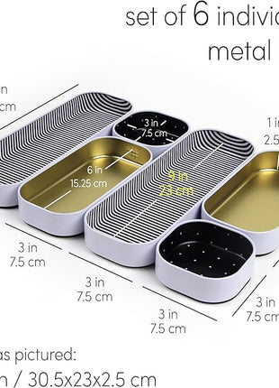 Three by Three Seattle 6 Piece Shallow Metal Organizer Tray Set for Storing Makeup, Stationery, Utensils, and More in Office Desk, Kitchen and Bathroom Drawers (1 Inch, Gold Dots and Stripes)