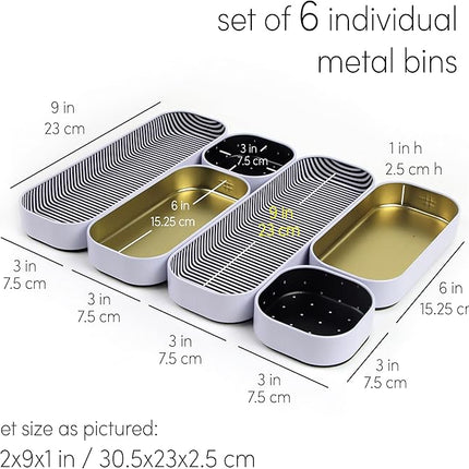 Three by Three Seattle 6 Piece Shallow Metal Organizer Tray Set for Storing Makeup, Stationery, Utensils, and More in Office Desk, Kitchen and Bathroom Drawers (1 Inch, Gold Dots and Stripes)