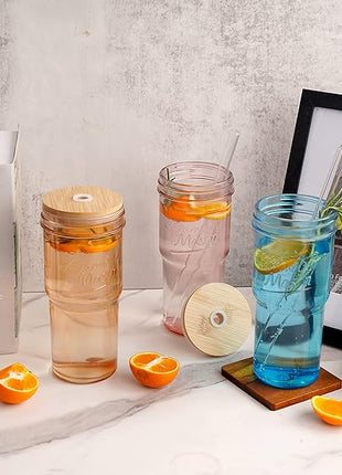 ANOTION Colored Glass Cups with Lids and Straws - 24oz Travel Coffee Mug Wide Mouth Mason Jar Iced Coffee Cup Smoothie Cup Glass Tumbler Tea Cup Clear Cute Water Cups Colorful Drinking Glasses