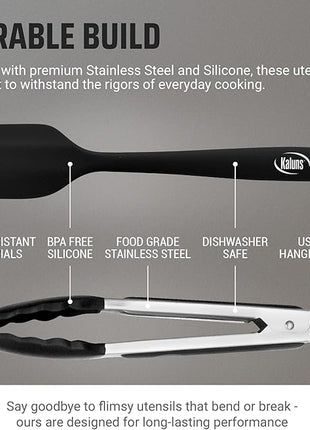 Kaluns Kitchen Tongs for Cooking Grilling Set of 4, BBQ Grill Tongs With Silicone Tip Stainless Steel Heat Resistant, Non-stick Pull Lock, Incl 7, 9, 12 Inch Tong Plus a Silicone Spatula