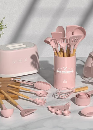 Umite Chef Silicone Kitchen Utensils Set, 33 Piece Non-Stick Kitchen Utensils with Stand, Wooden Handle, Pink