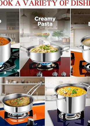 Vinod Classic Deluxe Stainless Steel Cookware Combo Set of 4 Pcs/Saucepan, Saucepot, Kadai and Frypan/Deep Kadhai for Cooking/Heavy Induction Bottom