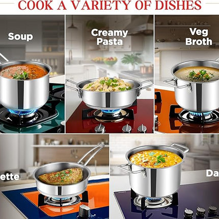 Vinod Classic Deluxe Stainless Steel Cookware Combo Set of 4 Pcs/Saucepan, Saucepot, Kadai and Frypan/Deep Kadhai for Cooking/Heavy Induction Bottom