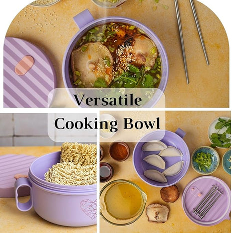 AI LOVE PEACE Ramen Bowls, 40 oz Large Microwavable Noodle Bowls (2 Purple) with Chopsticks, Sporks, and Utensil Bag, Portable Microwave Bowl for Home, Office, Dorm, or College Gift.