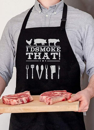 Funny Apron for Dad – I’D Smoke That – Father’s Day BBQ Gift for Men – One Size Fits Most – Black Cooking Apron with 3 Pockets for Husband, Boyfriend