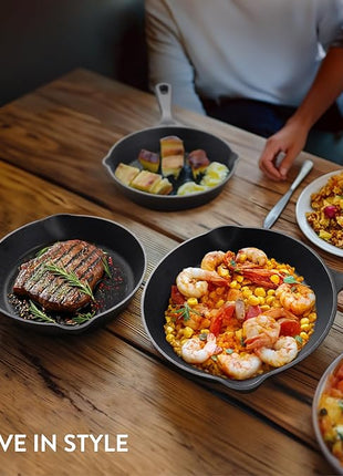 Navaris Cast Iron Skillet, 3 Pieces - Durable 15cm/20cm/25cm Cast-Iron Pan Set - Excellent Heat Retention, Ideal for Frying, Searing, and Sautéing - All-in-one Cookware Pot Set