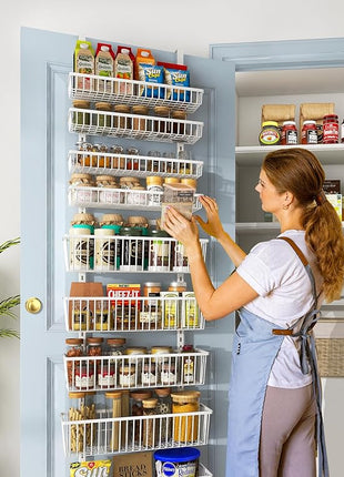 White 9-Tier Over The Door Pantry Organizer, Pantry Organization and Storage, Deep Baskets Hanging Heavy-Duty Metal, Wall Spice Rack Seasoning Shelves for Home & Kitchen, Laundry Room Bathroom