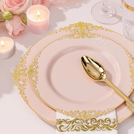 Nervure 350PCS Pink Plastic Plates - Pink Dinnerware Sets for 50 Guests - 100 Disposable Plates, 150 Gold Plastic Silverware, 50 Cups, 50 Napkins for Wedding & Party