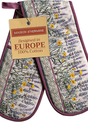 Maison d' Hermine Double Oven Mitts 100% Cotton 7"x35" Double Oven Mitt Heat Resistant BBQ Cooking Gloves with Loop, Baking, Grilling, Home, Kitchen, Handling Hot Pans Spring Summer (Fanny Lavender)