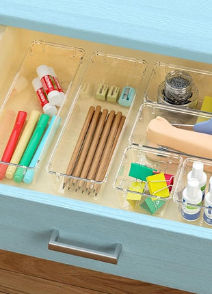 WOWBOX 9 Pack Clear Drawer Organizer Set, Acrylic Drawer Storage Trays, Storage Bins for Makeup, Cosmetics, Jewelries, Utensils, Gadgets, Office