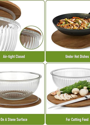 Set of 3 Stackable Space-Saving Nesting Glass Salad Bowls with Acacia Lids for Foodprep, Storage, Baking, Mixing & Cooking - Microwave Safe Durable Inert Borosilicate Glass