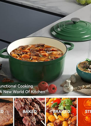 Miereirl 4.5 Quart Enameled Dutch Oven Pot with Lid, Cast Iron Dutch Oven with Dual Handles for Bread Baking, Cooking, Non-stick Enamel Coated Cookware (Green)