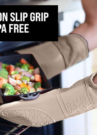 BPA-Free Silicone Oven Mitts Ultra Heat Resistant up to 500°F - Oven Mitts with Thick Cotton Liner - Long Slip Resistant Pot Holders, Flexible Oven Gloves - Beige 14.7