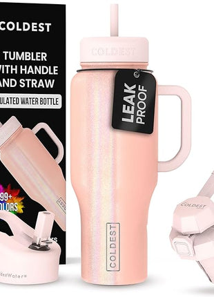 Coldest Tumbler with Handle and Straw - 100% Spill Proof Tumbler with Straw (3 Lids) - Stainless Steel Insulated Leakproof Tumblers for Women & Men - 36 oz (Forever Pink Glitter)