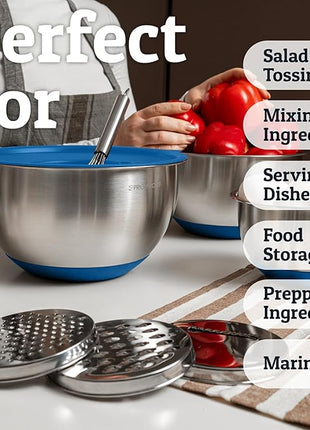 Priority Chef Stainless Steel Mixing Bowls with Lids Set, 3 Grater Attachments, Airtight Lids, Non-Slip Silicone Base Mixing Bowl Set, Large Prep Metal Mixing Bowls for Kitchen, Blue